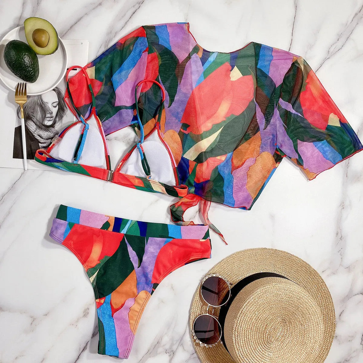 Red women's printed split swimsuit with European-American pattern design for swimming