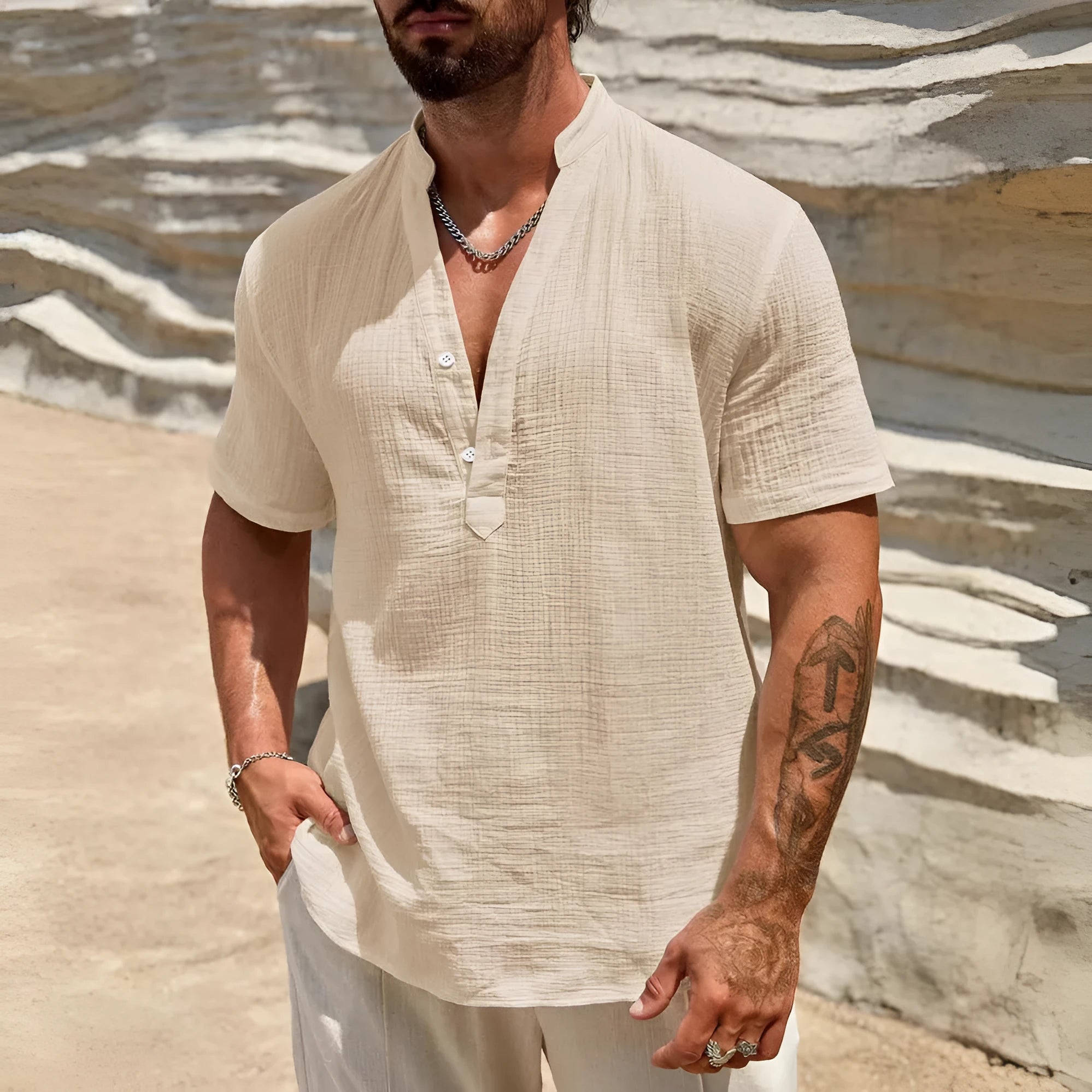 Men's solid colour short-sleeved casual shirt with stand collar on a hanger