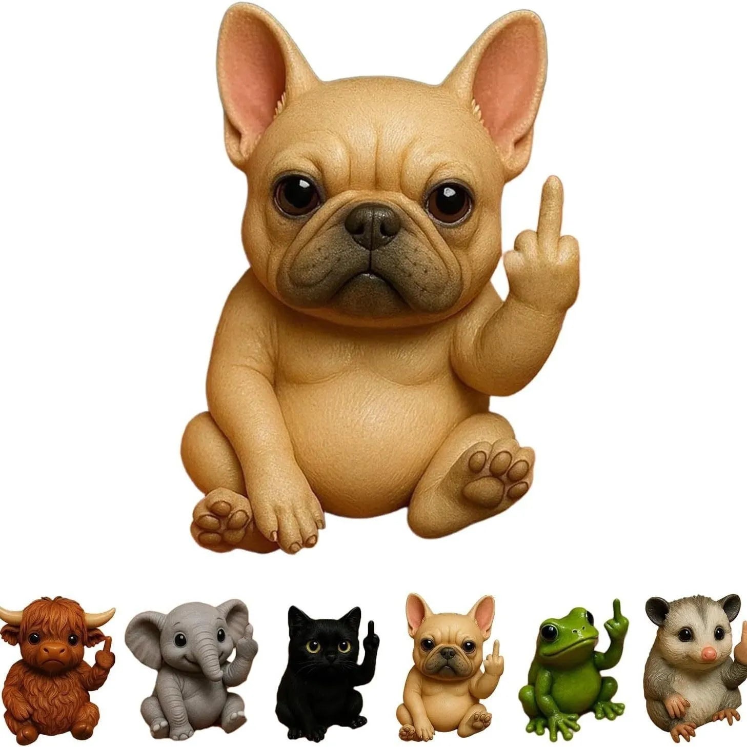 Mini animal vertical middle finger doll resin figurine in cat, dog, elephant, frog, Highland cattle, mouse, or turtle styles