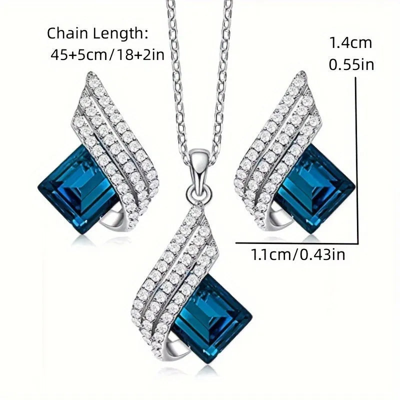 Women's European American style necklace with cross chain design and matching glass pendant earrings