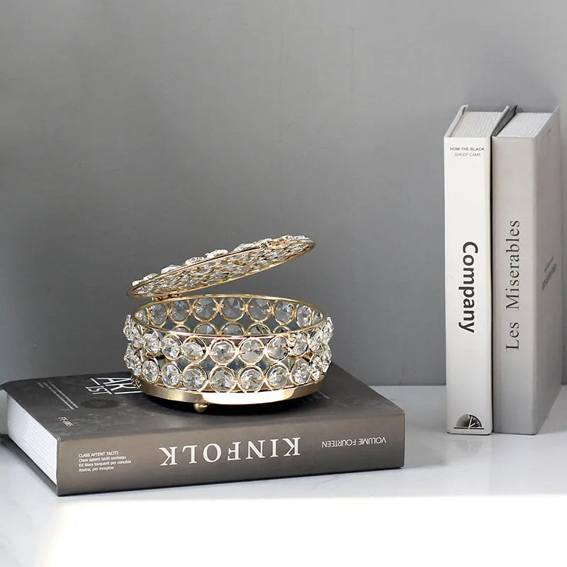 French gold metal jewelry box with crystal glass panels in European style design