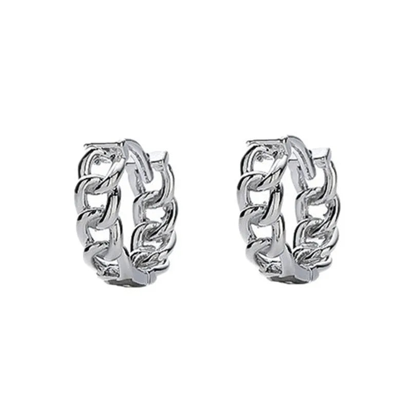Silver geometric men's earrings made from copper, shown in 10mm and 14mm sizes as both single pieces and pairs.