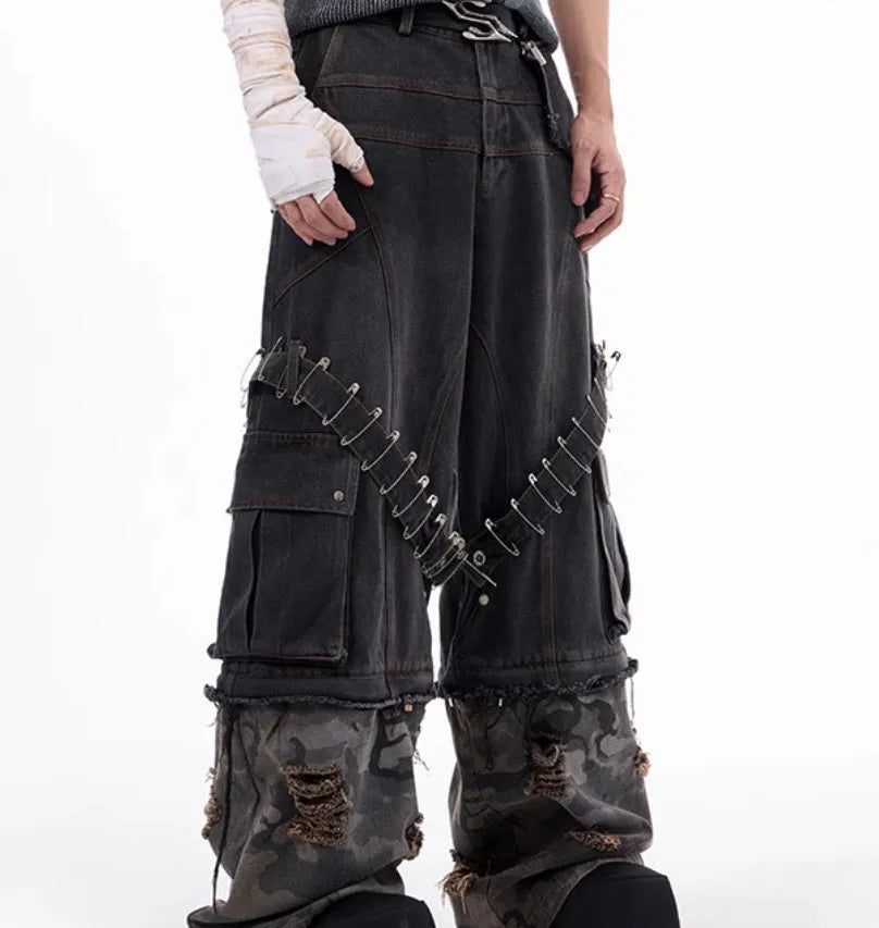 Men's grey jeans with camouflage splicing pattern and pin ribbon detailing