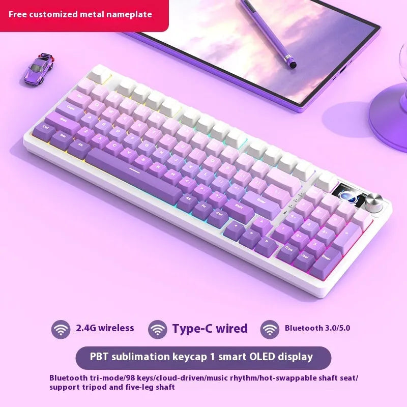 98-key wireless mechanical keyboard kit with metal control knob and optional display screen