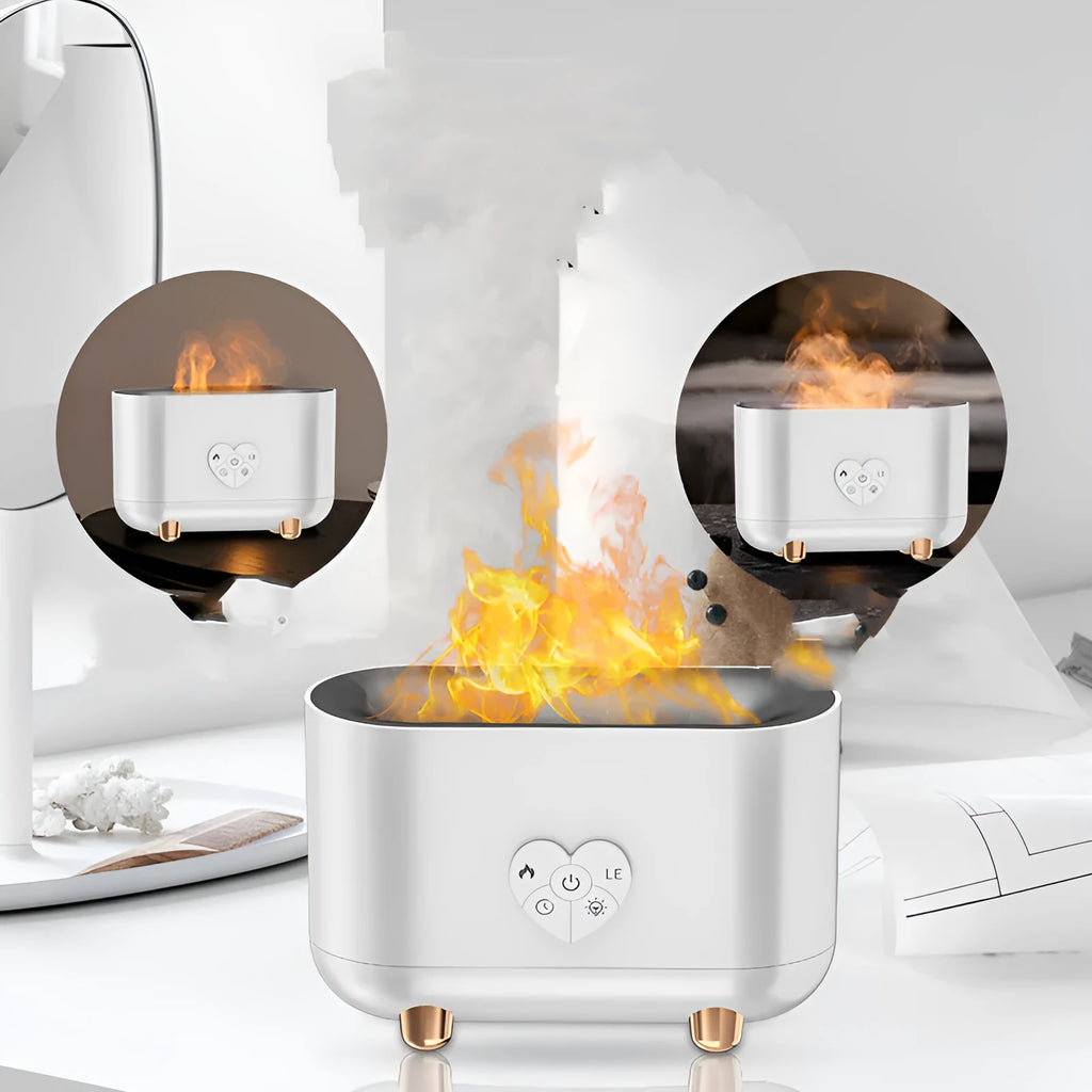 White flame humidifier with USB power, aromatherapy function, 1.0-2.5L tank, and remote control