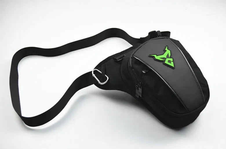 0105MC motorcycle leg bag in 1200D Oxford cloth shown in one of four colours: red, blue, green, or grey.