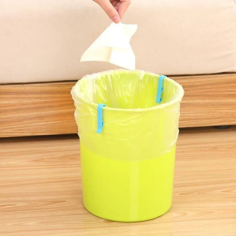 Pack of ten white plastic garbage bag fixing clips for the side of a trash can.