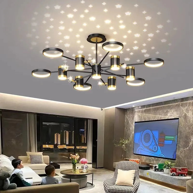 Black iron star-shaped pendant chandelier with thirteen lights and remote control