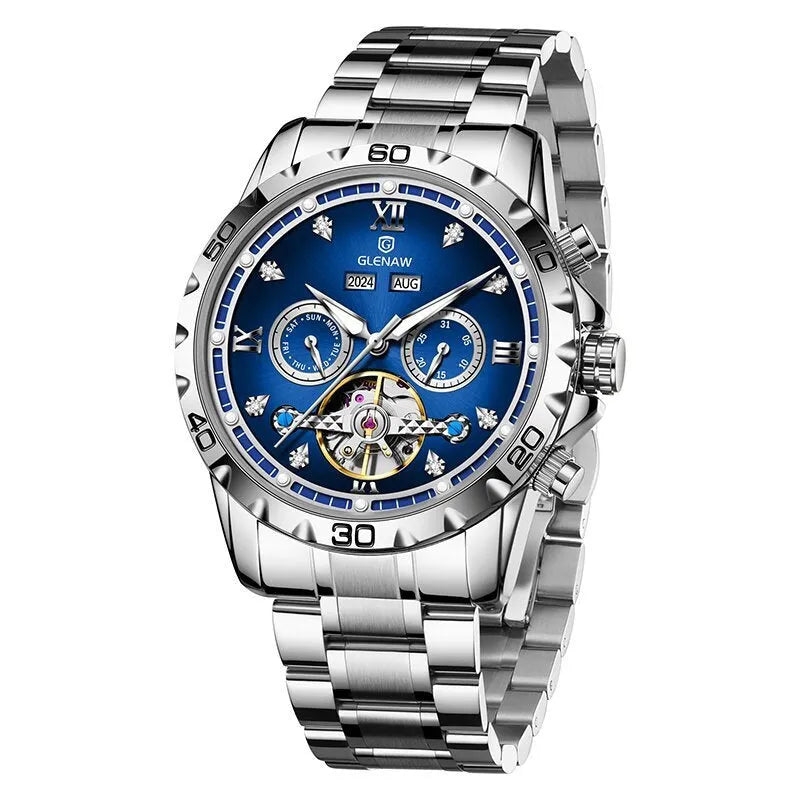 Men's automatic mechanical watch with stainless steel strap and mineral glass in business style