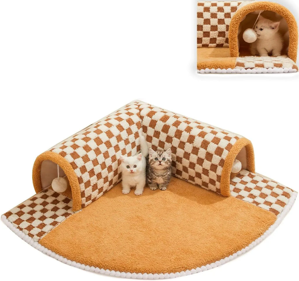 Brown and yellow plush plaid cat tunnel bed with central mat, shown in XL size for indoor cats.