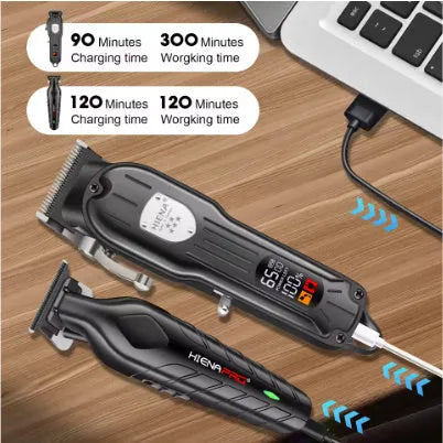 Black USB rechargeable hair clipper and foil shaver set with LED display.