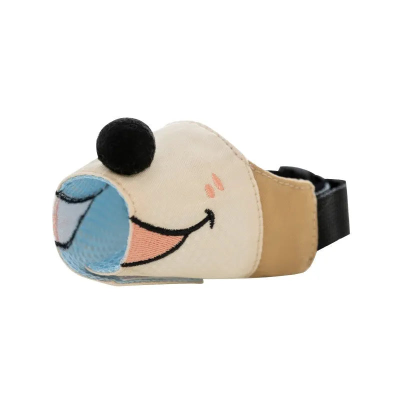 Canvas dog mouth cover muzzle in Bondi Blue Shark colour showing four available sizes