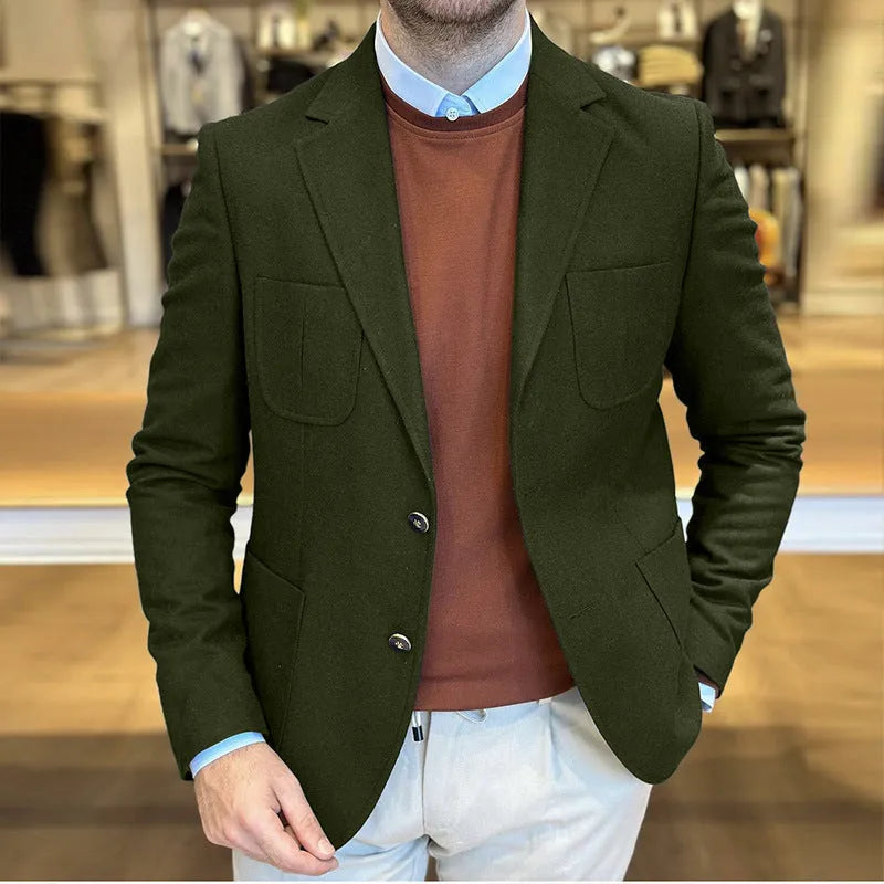 Men's loose fit cotton casual blazer in army green colour on a hanger.