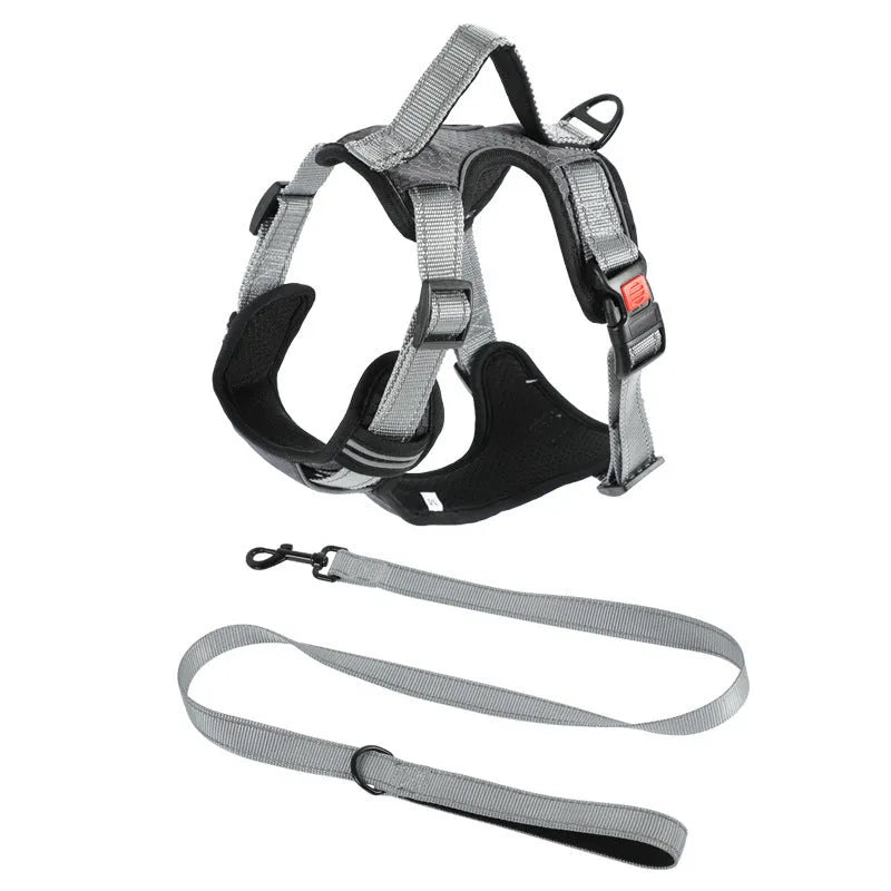 Adjustable polyester dog chest harness in multiple colours with optional hand-holding rope attached.
