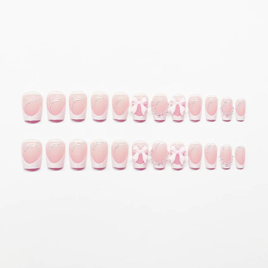 False nail tips French manicure set with tulip bow starry sky designs in short European square shape
