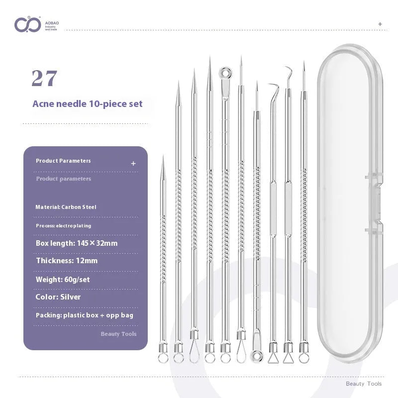 Four silver metal acne needles and a handling clip laid out on a clean surface.