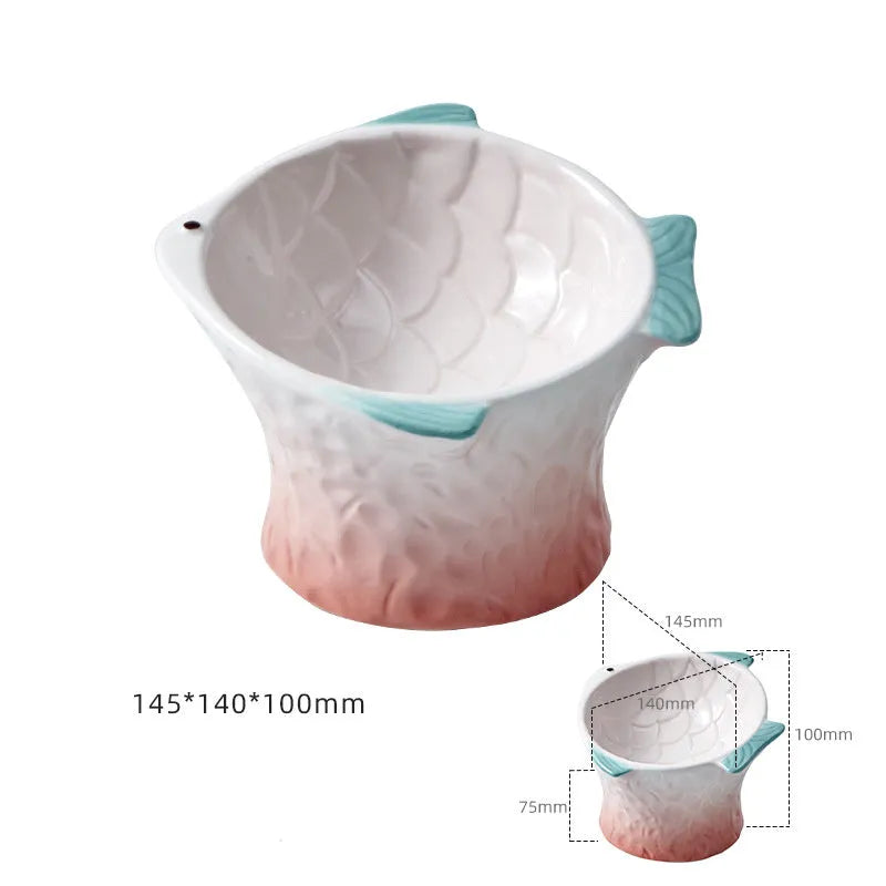 Ceramic cat feeder bowls fish shape design with 15-degree tilt angle and elevated height
