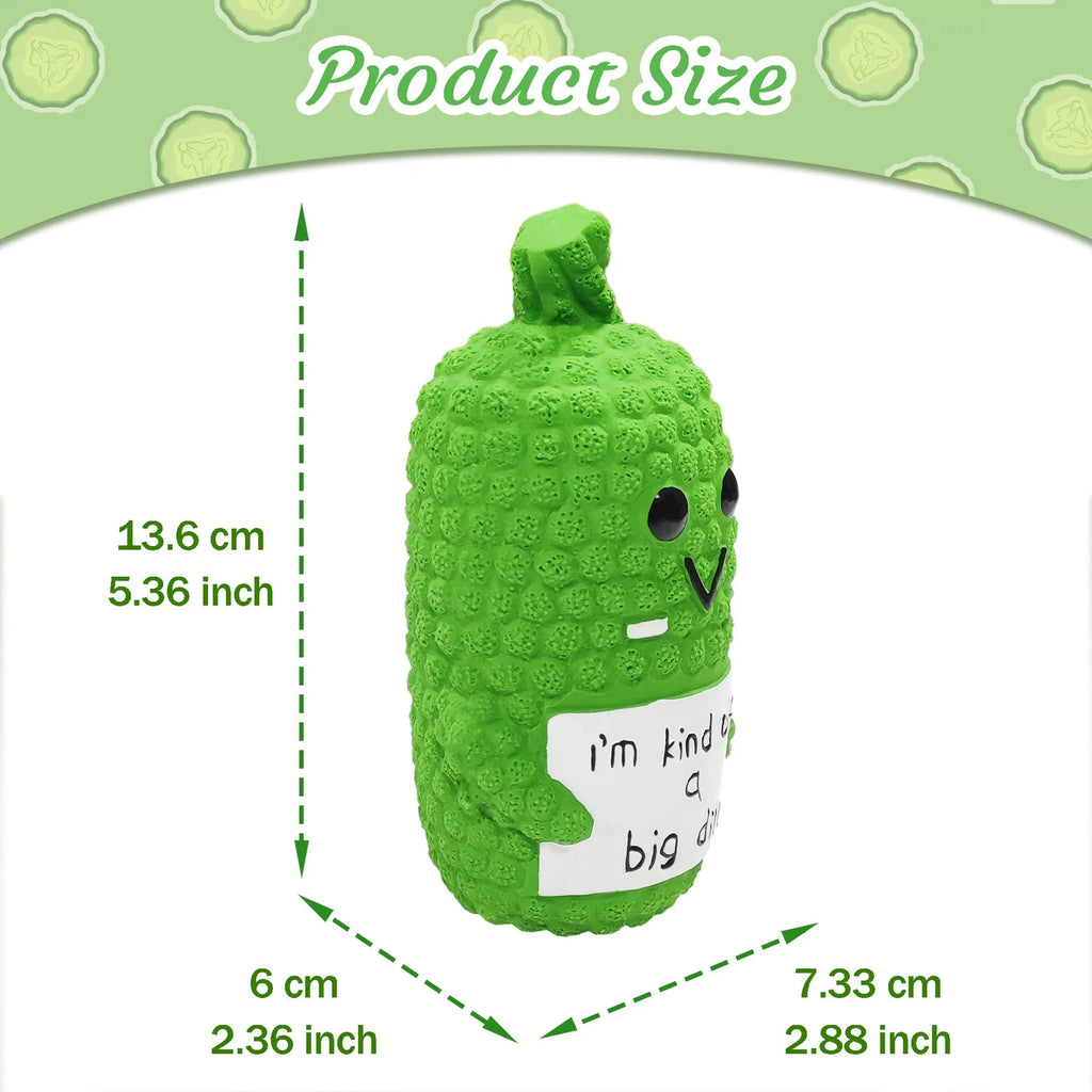 Green latex pickle-shaped dog squeaky toy with textured nubs for teeth cleaning.