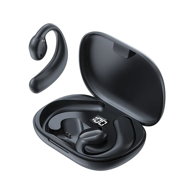 Black and white ear-mounted Bluetooth headset with digital display screen, shown with charging cable.