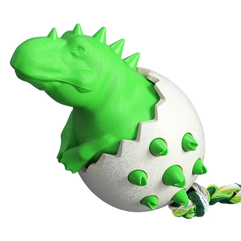 Blue dinosaur-shaped dog chew toy with rubber texture, rope tail, and dental cleaning nubs