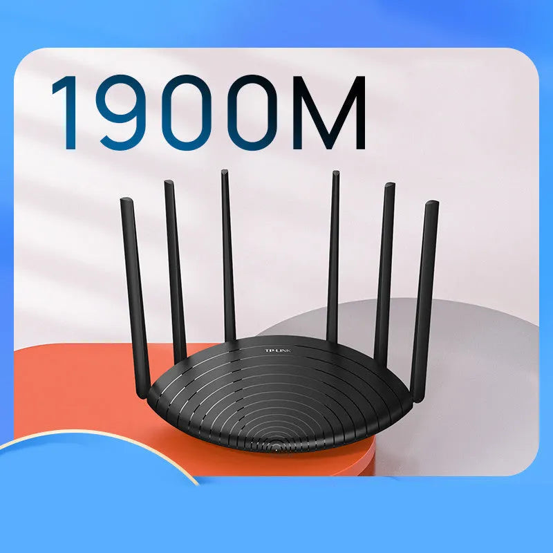 TL-WDR7661 AC1900 Gigabit wireless router shown in a home setting with network cable.