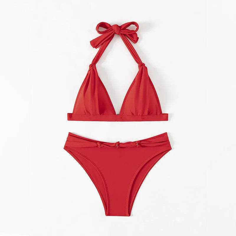 Red women's lace-up halterneck split bikini with adjustable ties