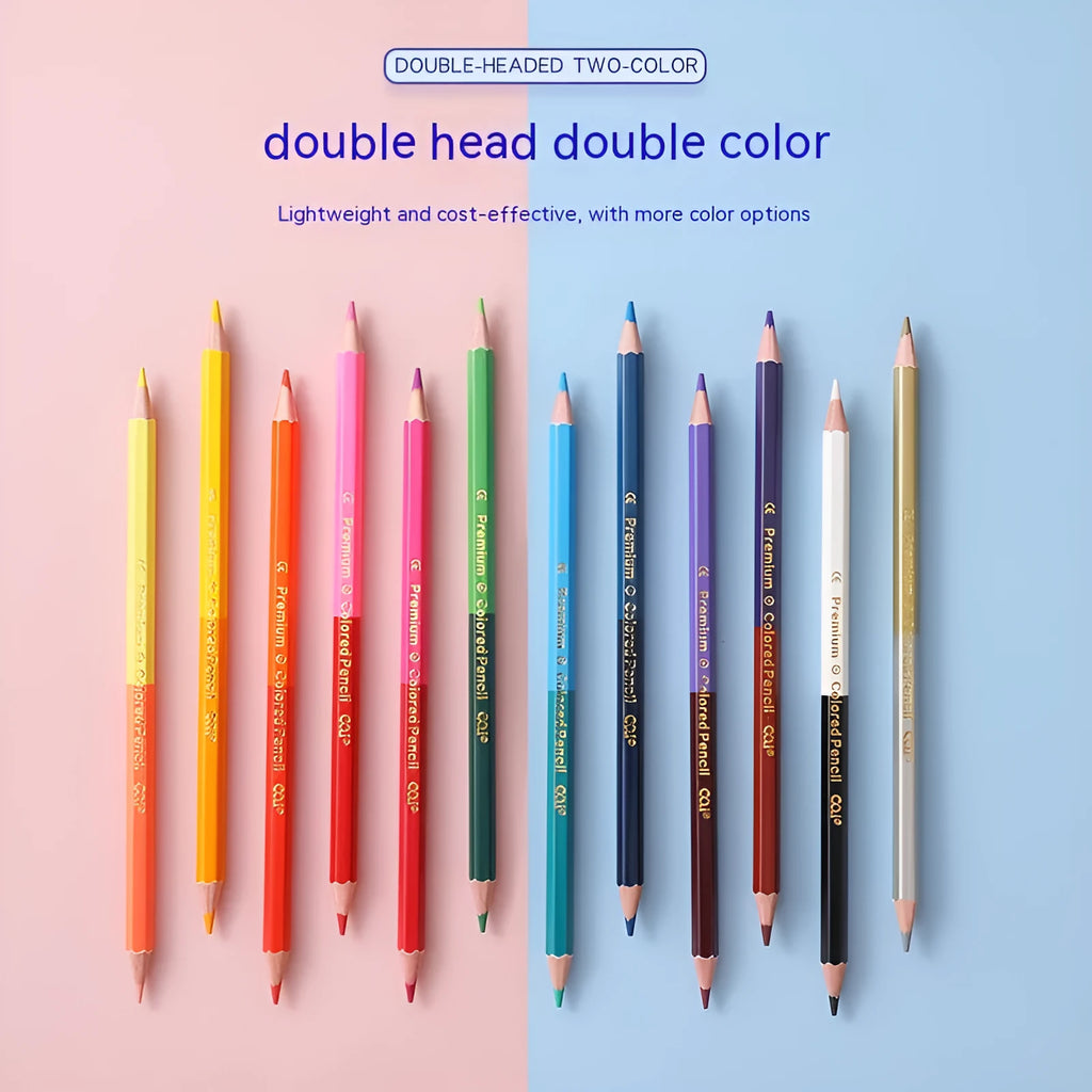 Set of wooden colour pencils with double-head brush leads in 6-piece or 12-piece set options.