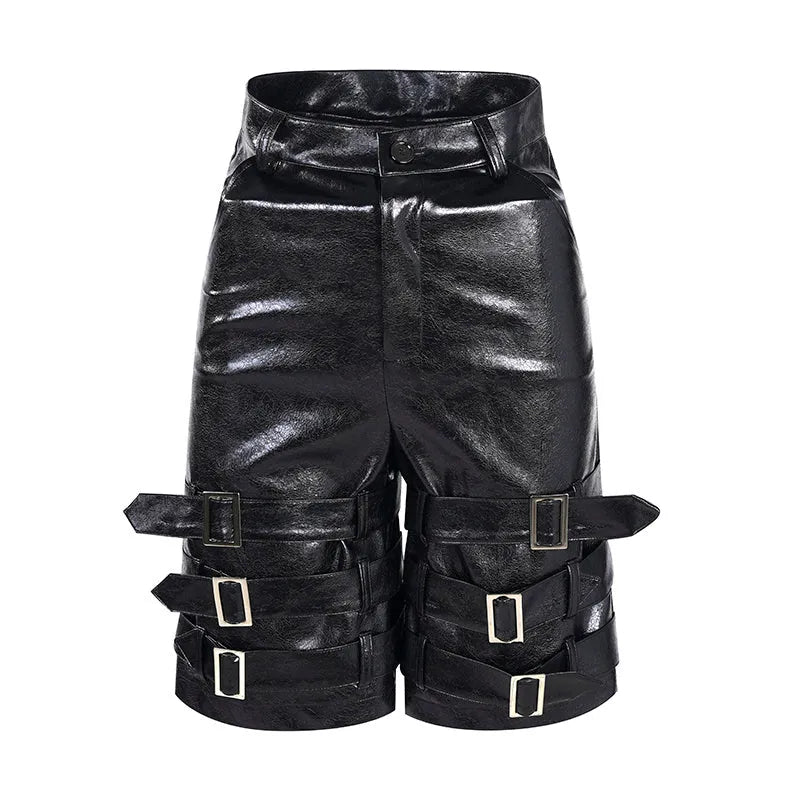 Men's black PU leather cropped pants showing mid to low waist design and flexible polycarbaminate construction