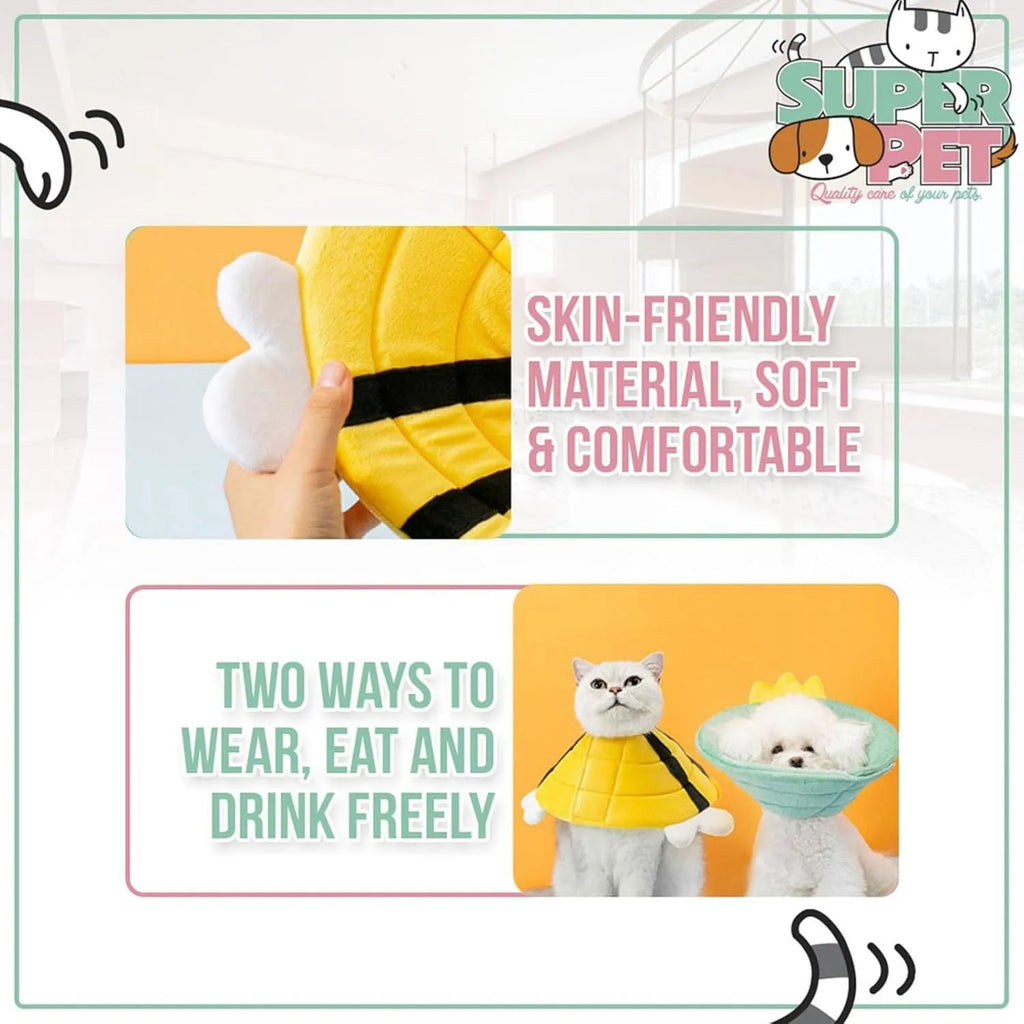 Soft fabric cat recovery collar with black and yellow bee design and white adjustable Velcro strap.