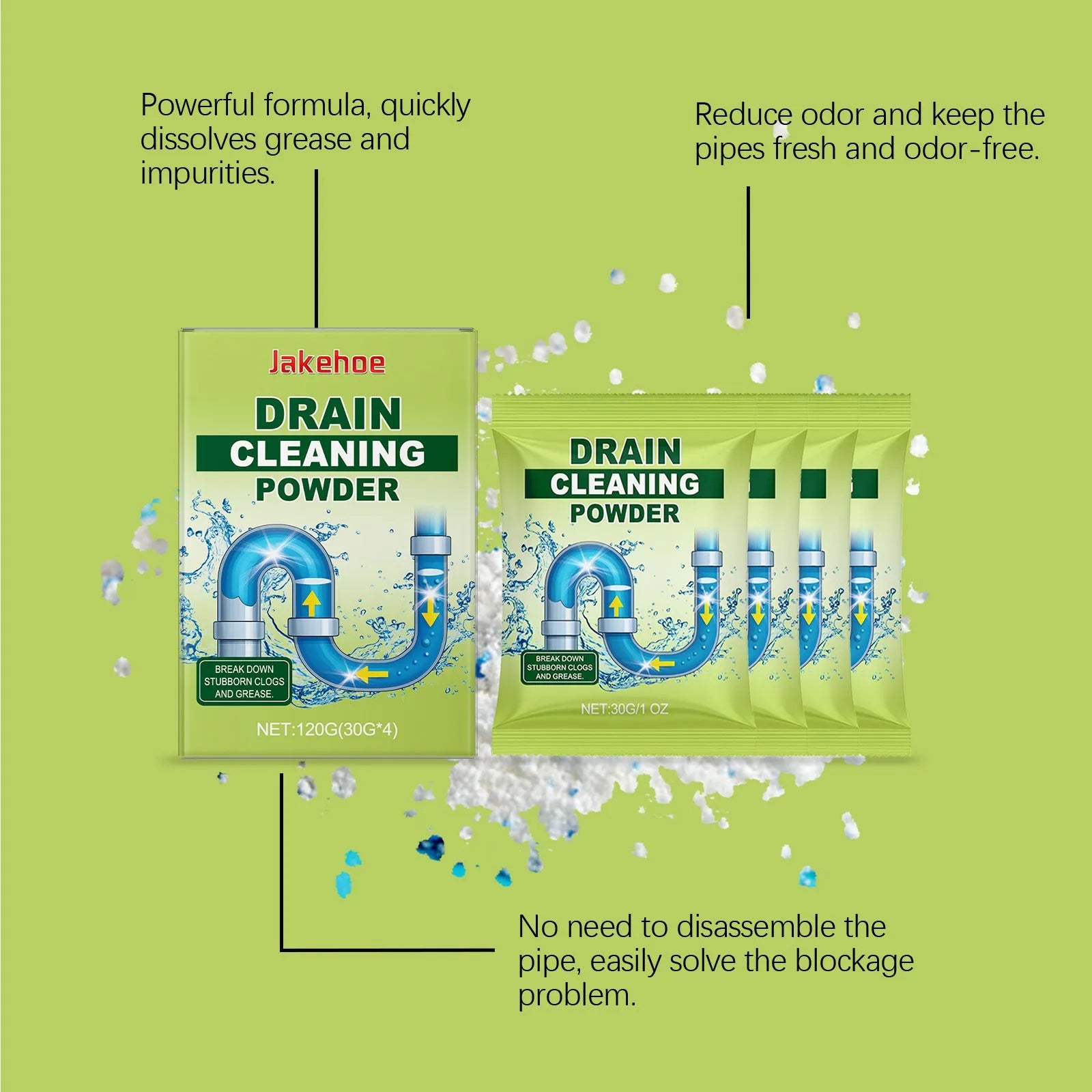 120g tub of drain unblocker cleaning powder with sodium hydroxide and aluminium for sinks and pipes.