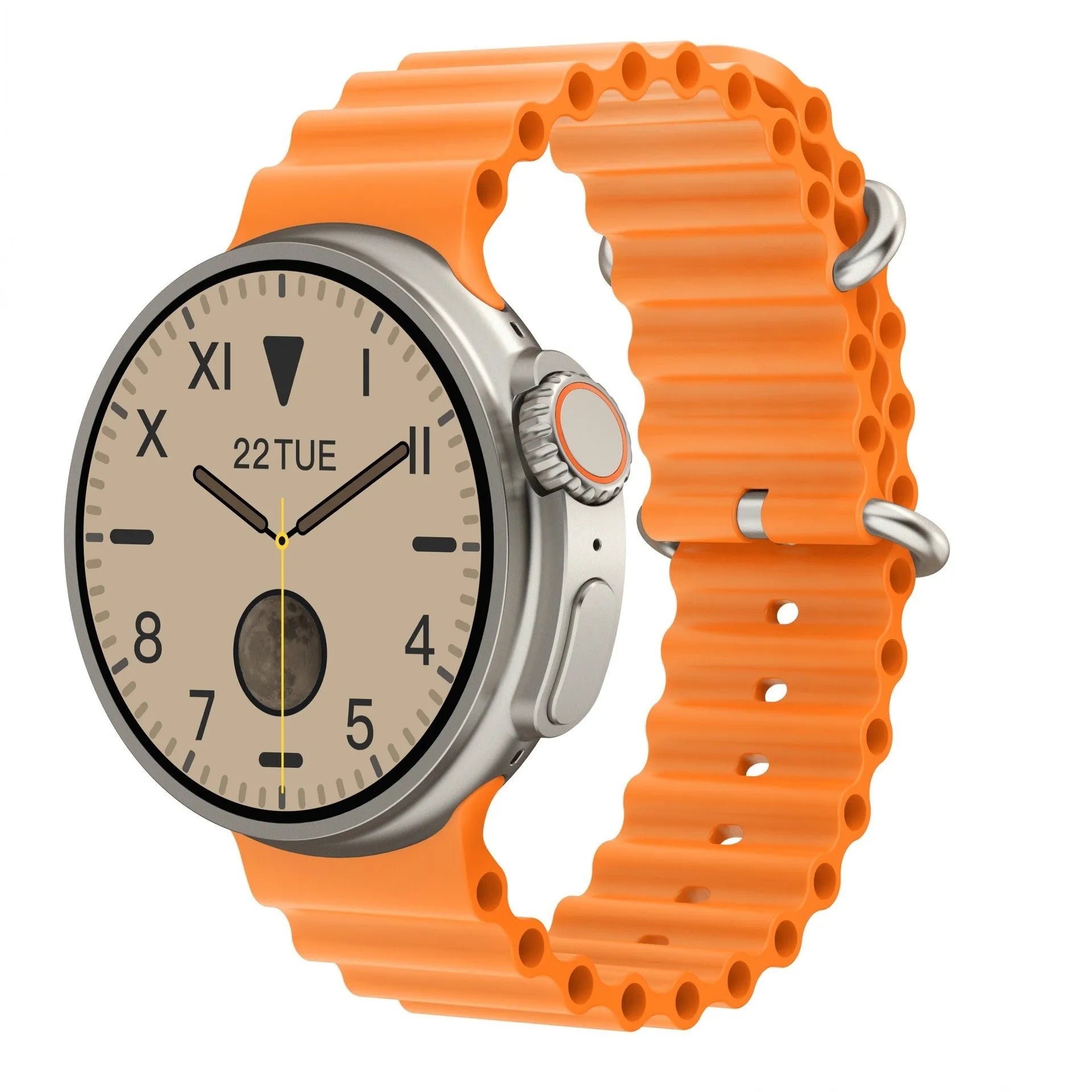 K9 smart watch with round screen on silicone strap showing health metrics and NFC payment function
