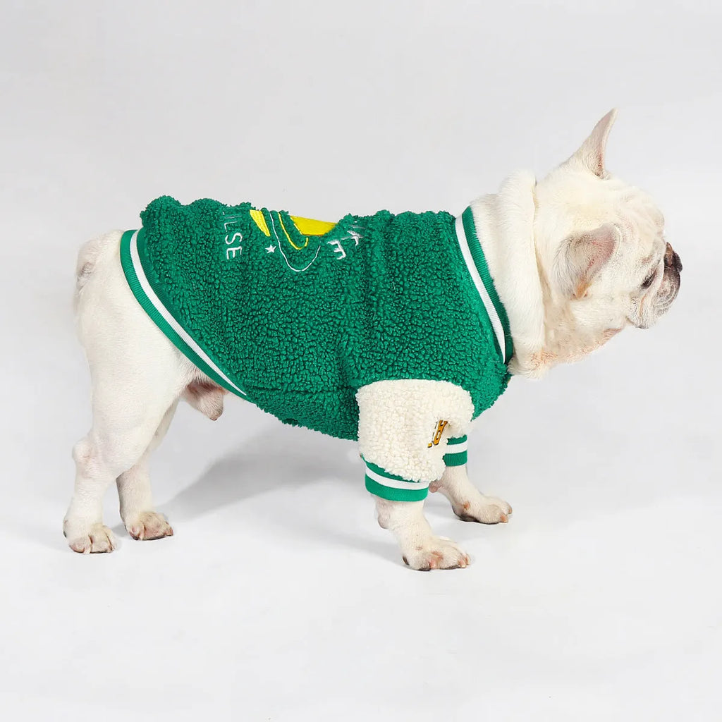Green fleece-lined cotton winter coat for large dogs on a white background