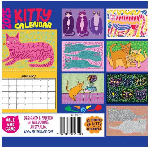A cat-themed paper wall calendar for 2024 or 2025 displayed flat.