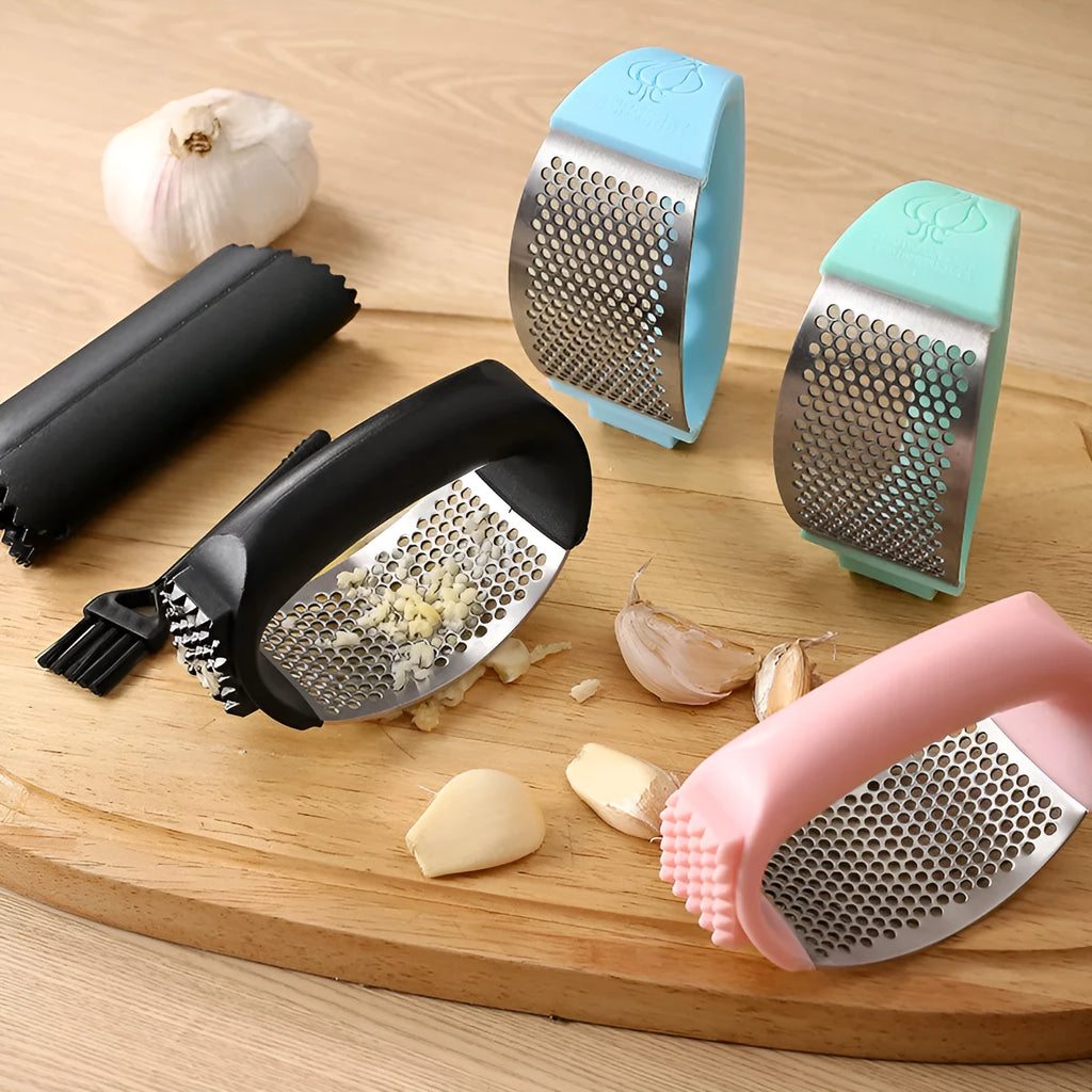 304 stainless steel garlic press in green colour showing modern simplicity design