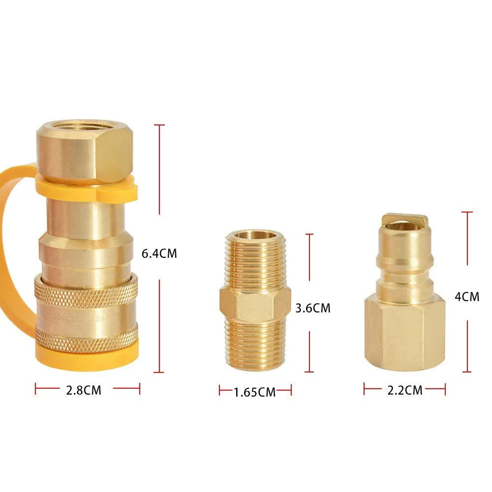 Gold brass 3/8 propane tank conversion charging connector with visible threads