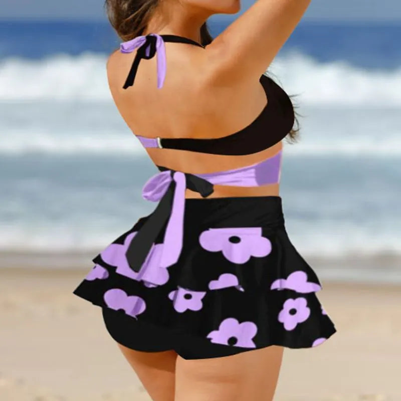 Women's purple split skirt bikini with lace-up back for swimming sports