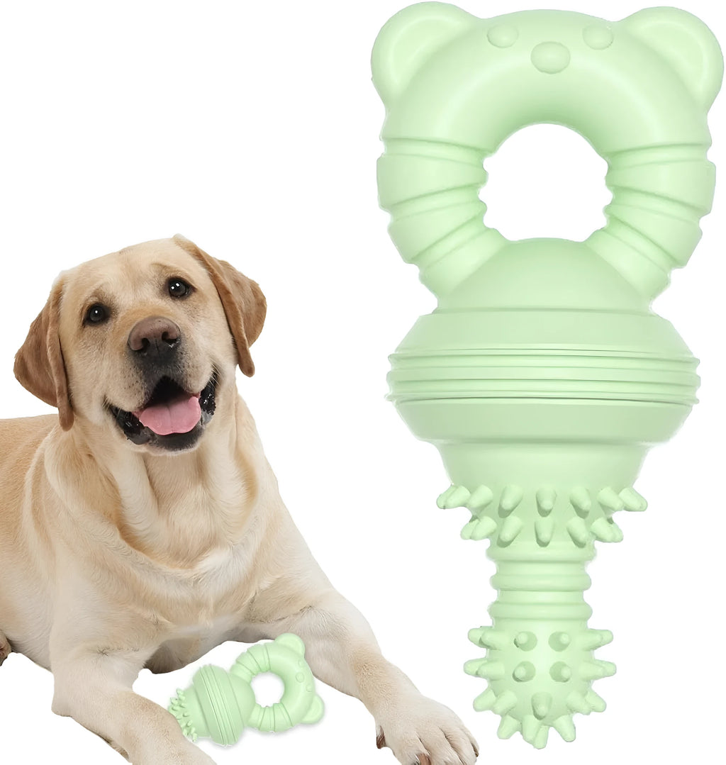 Blue rubber dog chew toy with molar cleaning texture and bell for aggressive chewers