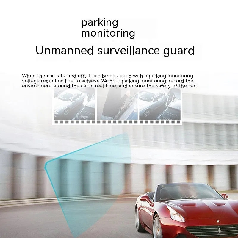 Black car dash camera with 5-inch screen showing front and rear recording with GPS and mobile phone WiFi interconnection