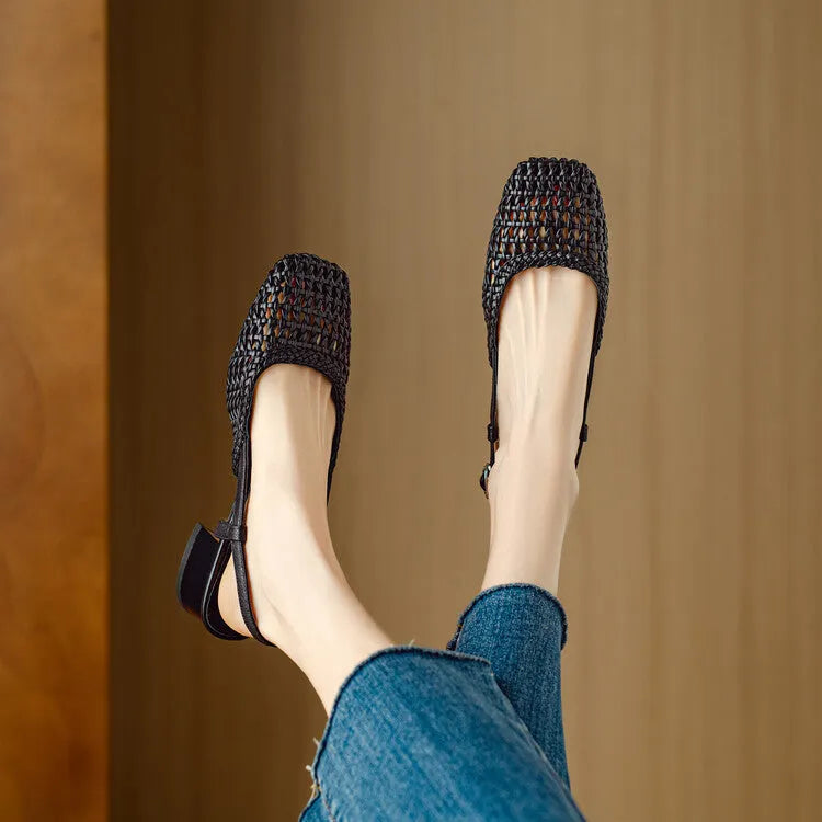 Women's beige woven square-toe sandals with a belt buckle and chunky heel on a white background.