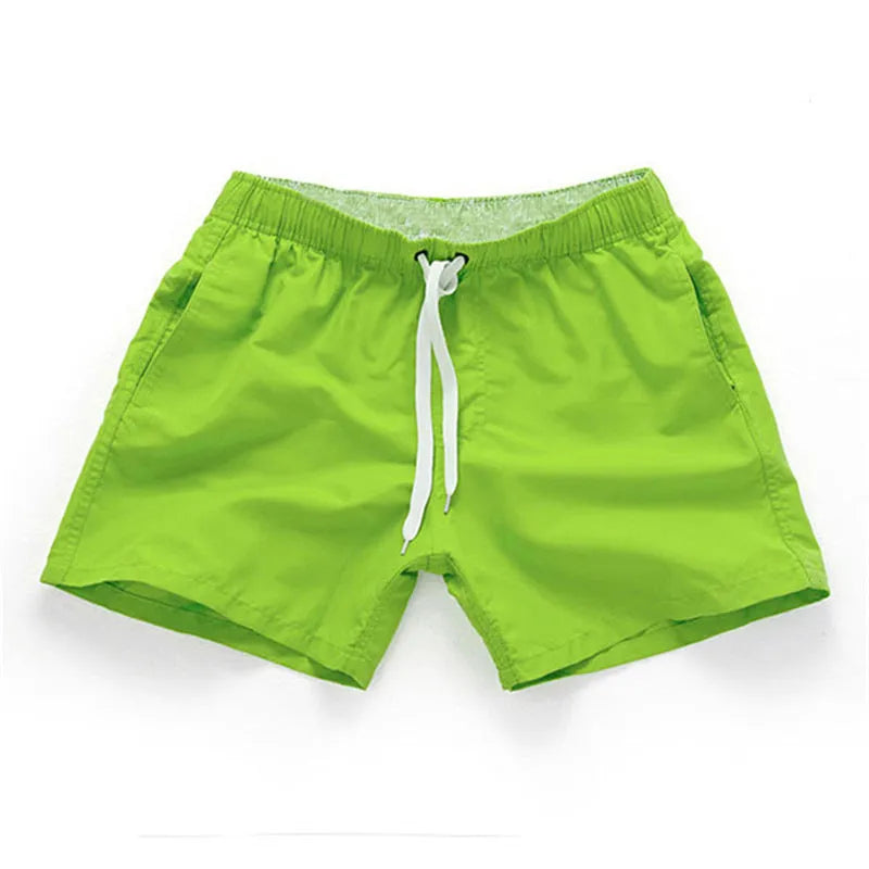 Men's straight leg beach shorts in polyester, shown in multiple colours and plus sizes.