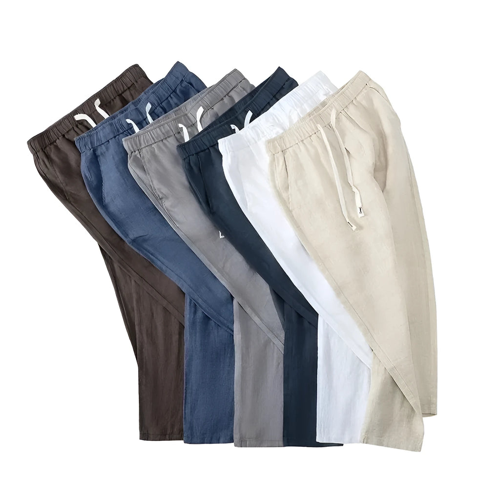 Pure linen Chinese style trousers with elastic drawstring waist in apricot colour showing long straight leg design