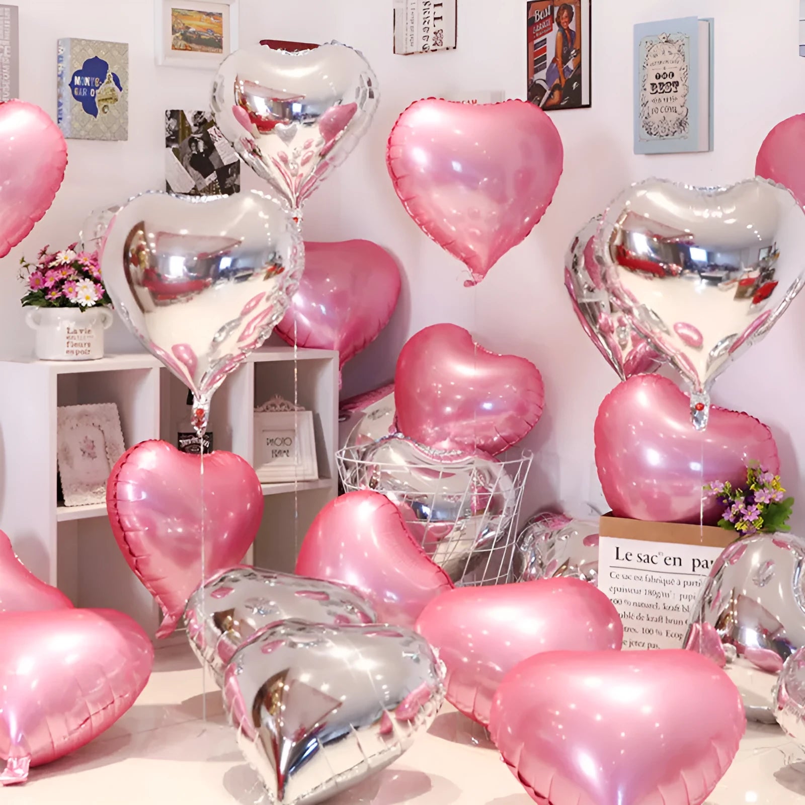 Five metallic peach heart-shaped aluminium foil balloons in assorted colours