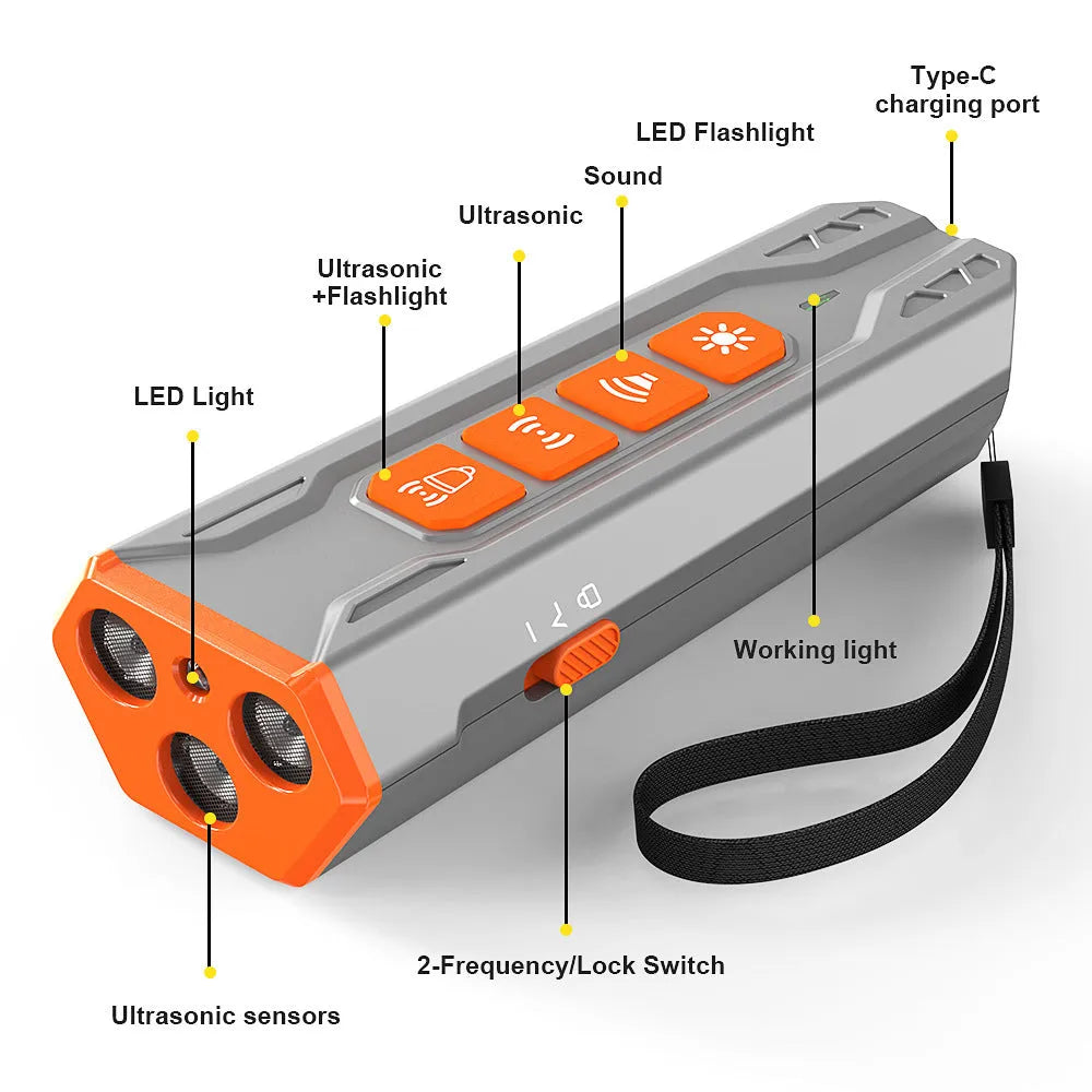 Grey and orange ultrasonic dog trainer device with three sound emitters on a black background.