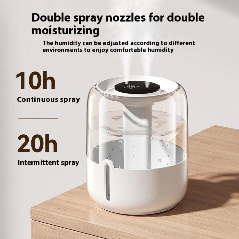 Beige round USB humidifier with dual spray nozzles, humidity display, and night light on wooden surface
