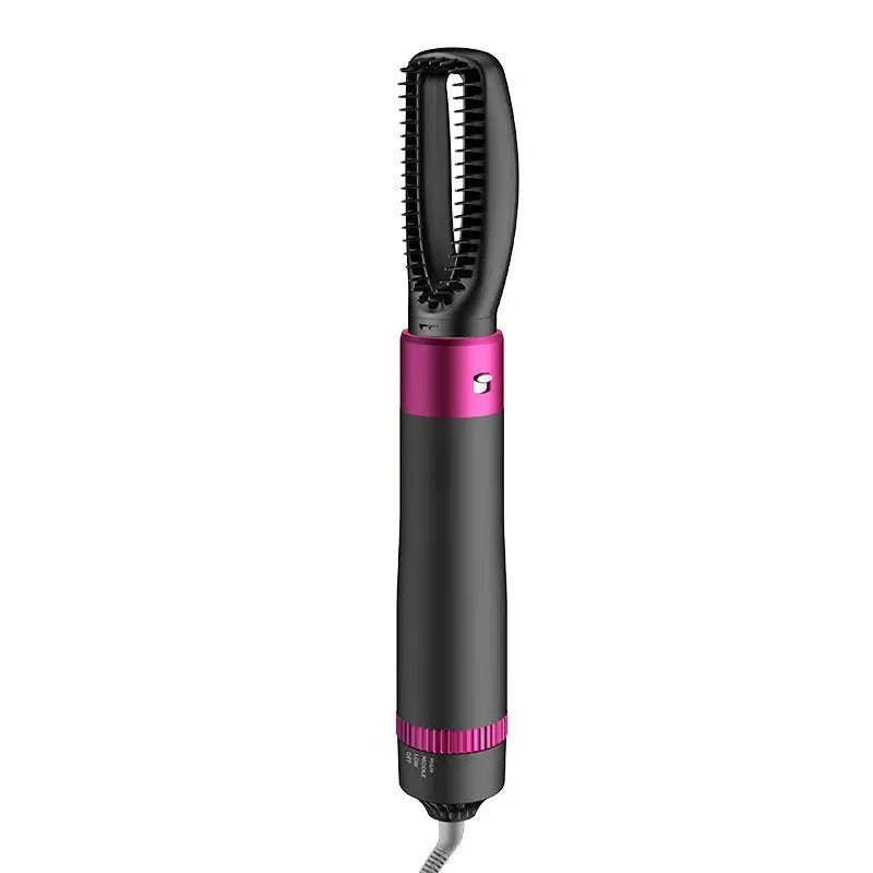 Dyson grey 5-in-1 hair dryer brush styler with five brush attachments on a white background.