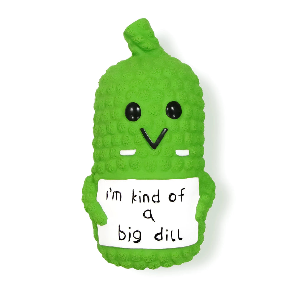 Green latex pickle-shaped dog squeaky toy with textured nubs for teeth cleaning.