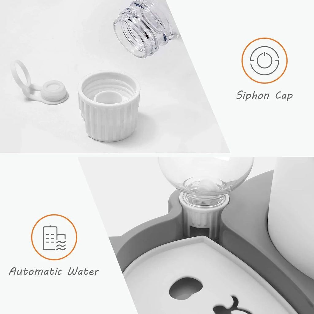 Grey panda-shaped tilted pet feeder with automatic water bottle for cats and small dogs