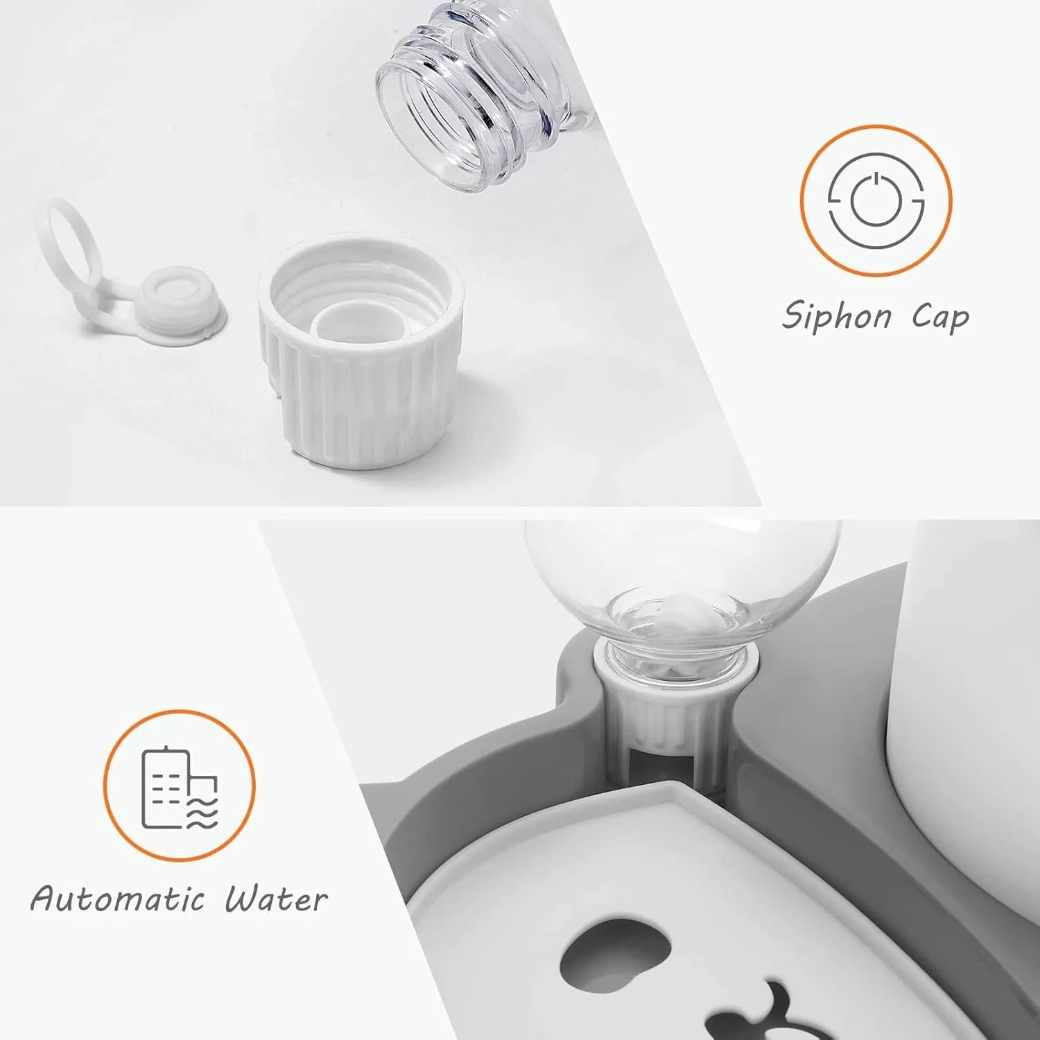 Grey panda-shaped tilted pet feeder with automatic water bottle for cats and small dogs