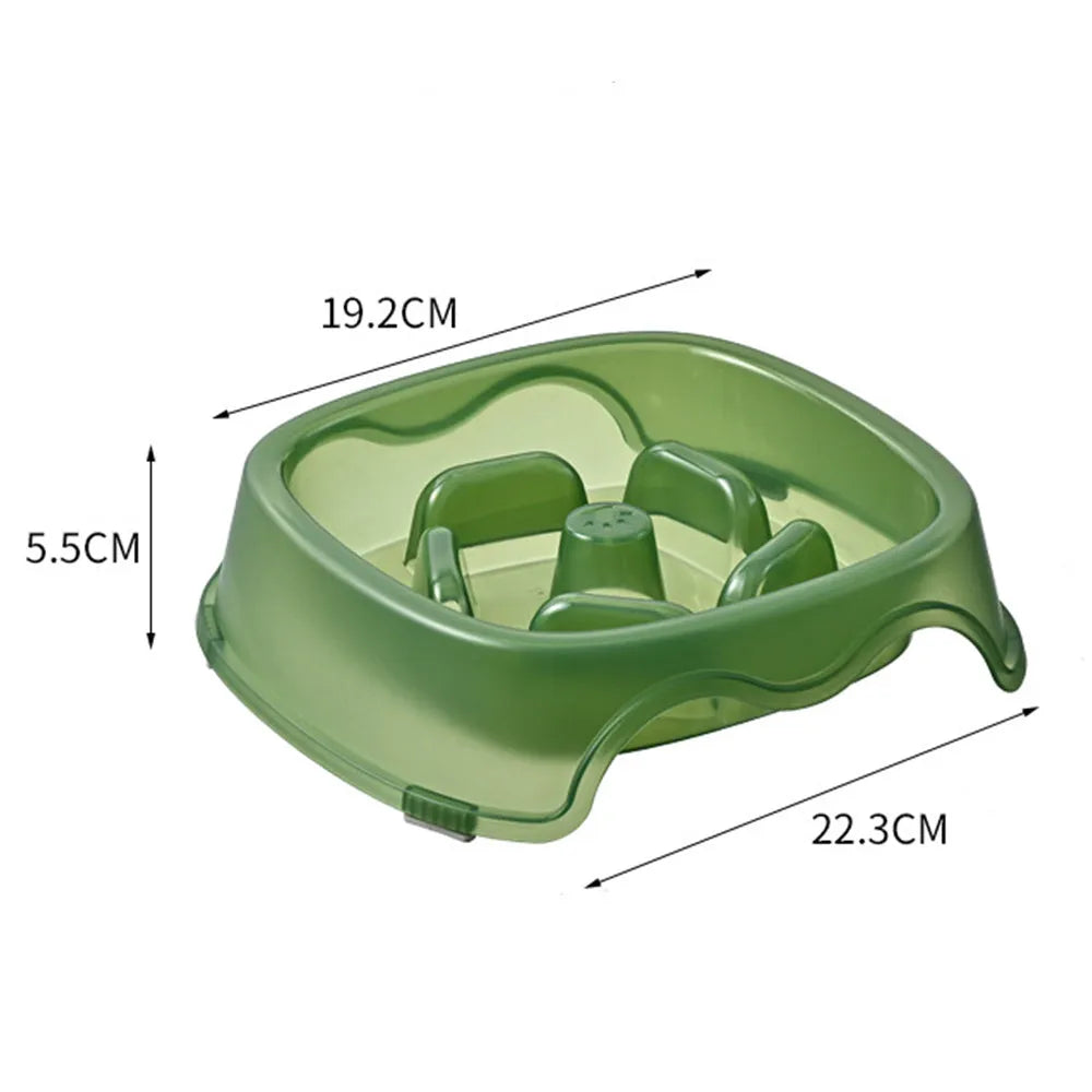 Plastic dog slow feeder bowl with maze pattern design in blue, grey, green or orange colours