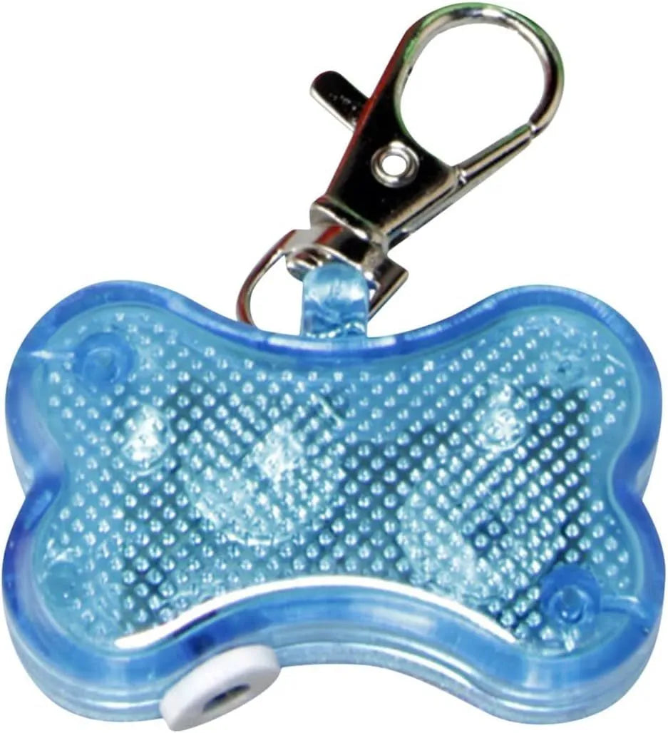 Blue LED bone-shaped luminous pendant attached to a dog collar with three lighting mode options